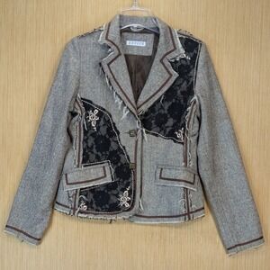 Womens Boho Steampunk Academia Brown Tweed Lace Patchwork Blazer Jacket Large